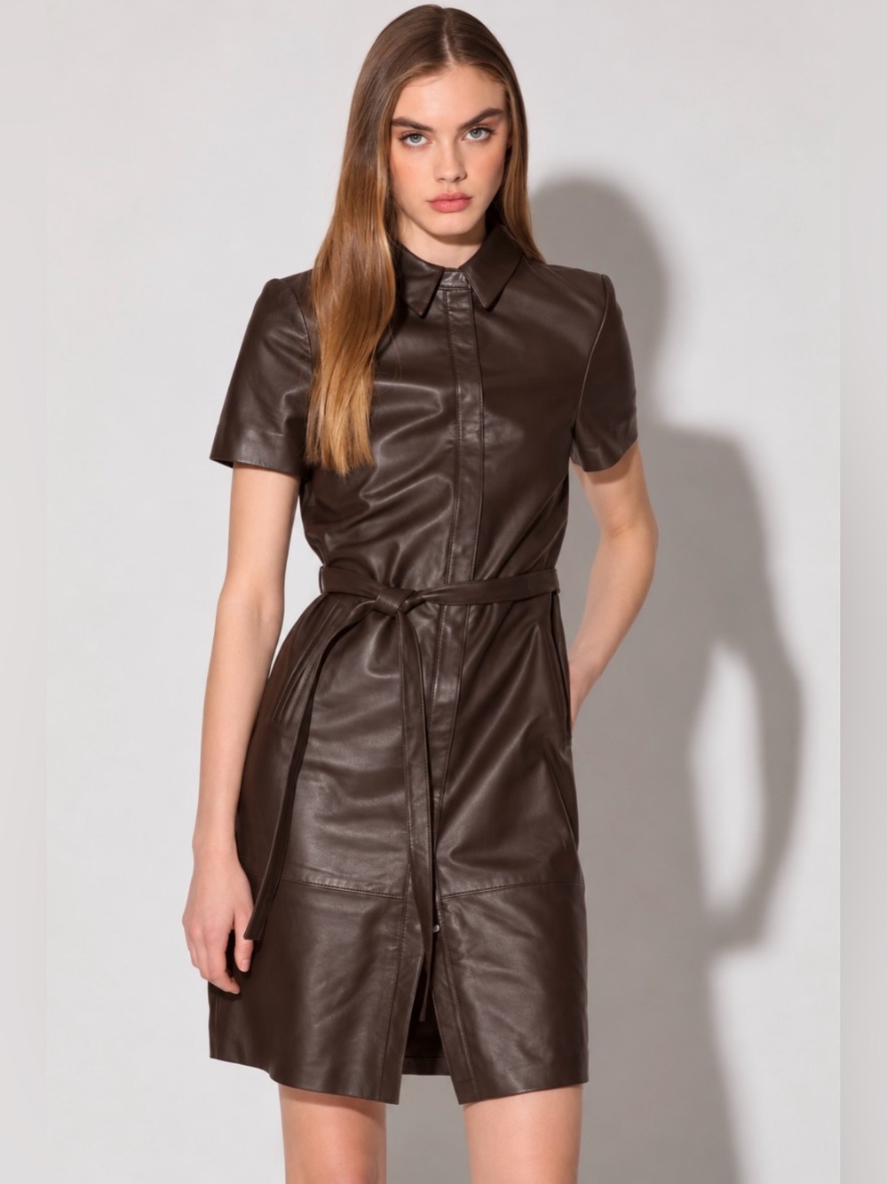 Walter Baker 100% Lamb Leather Mocha Shirt Dress – Size L – NWT